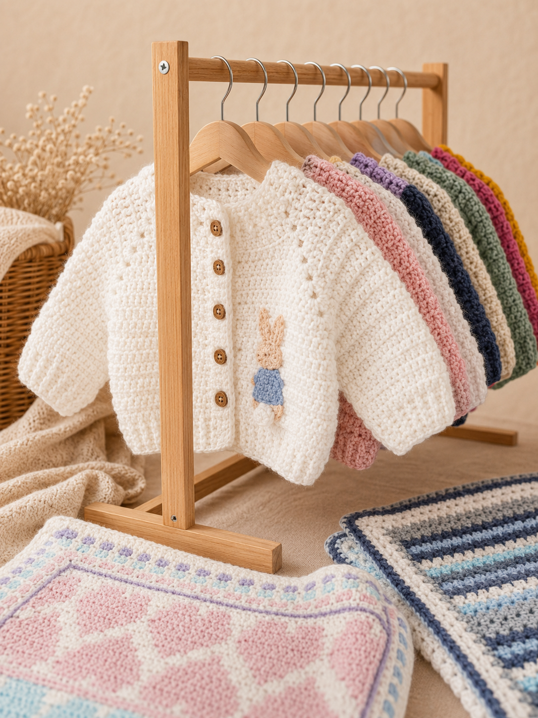 Rail of handmade crochet baby cardigans in pastel colours on wooden hangers